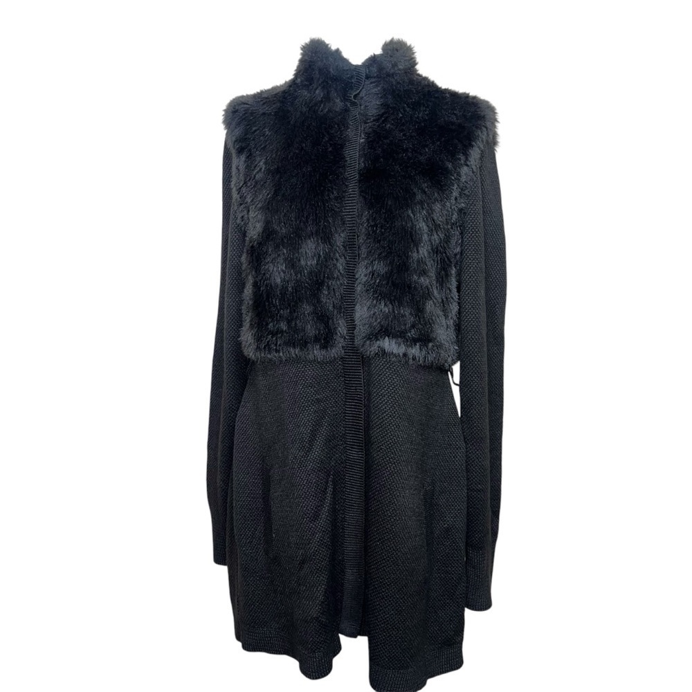 Tahari Wool Faux Fur Full Snap Long Black Mixed Media Sweater Shacket Size Small